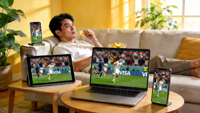 手机、平板、电脑多设备观看体育直播场景